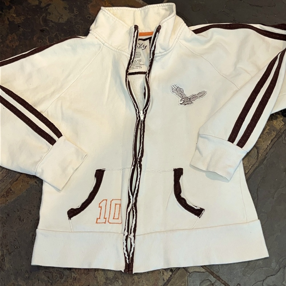 Vanity Y2K cream Zip sweatshirt brown arm stripes EAGLE patch tennis athletic Lg